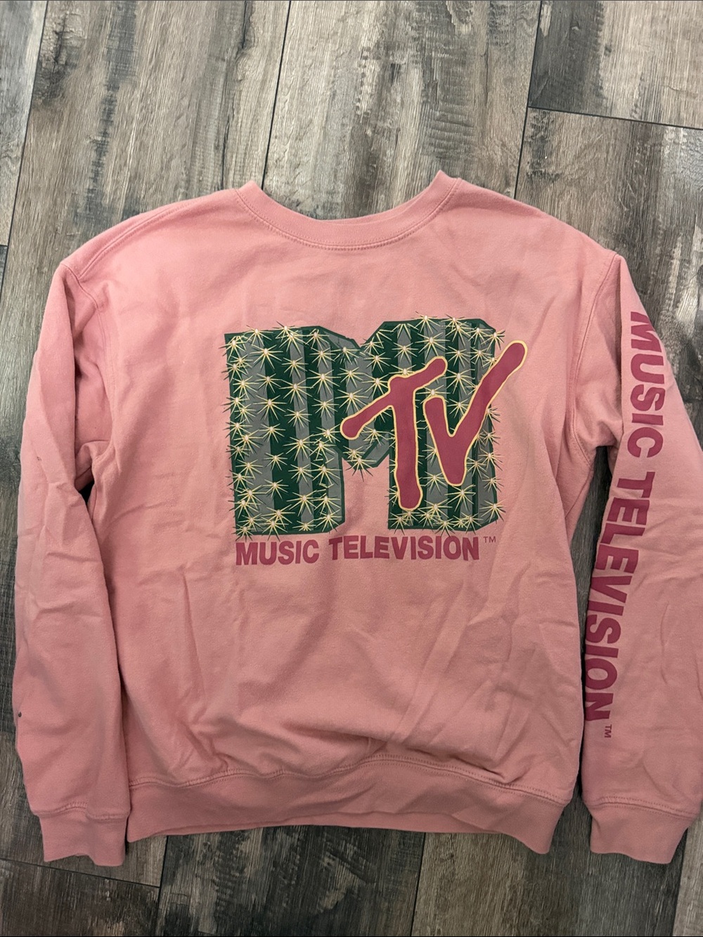 MTV Pink Crewneck with Green Cactus Logo and Yellow Accents